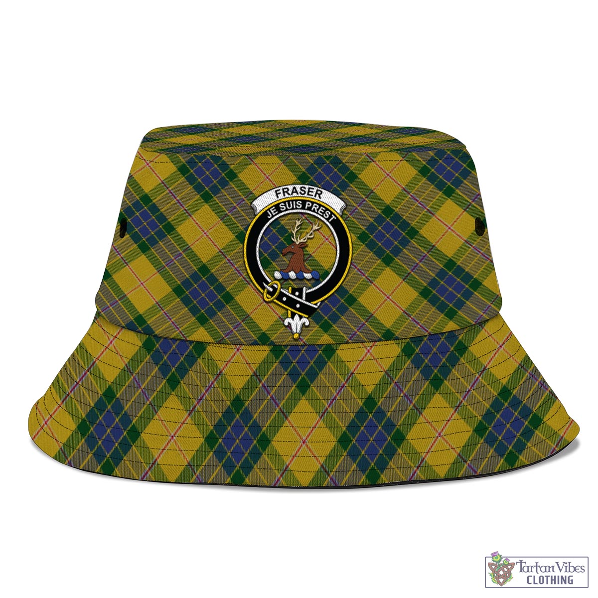 Tartan Vibes Clothing Fraser Yellow Tartan Bucket Hat with Family Crest