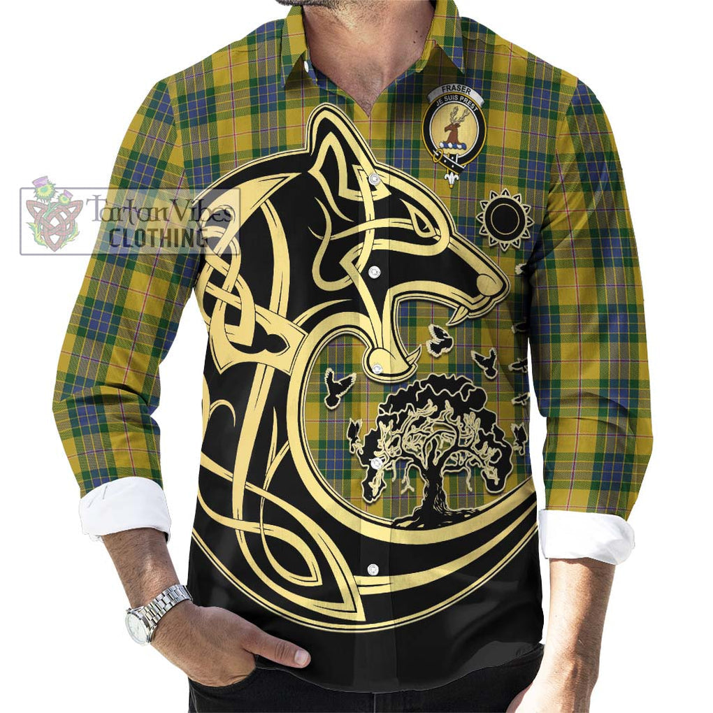 Fraser Yellow Tartan Long Sleeve Button Shirt with Family Crest Celtic Wolf Style - Tartan Vibes Clothing