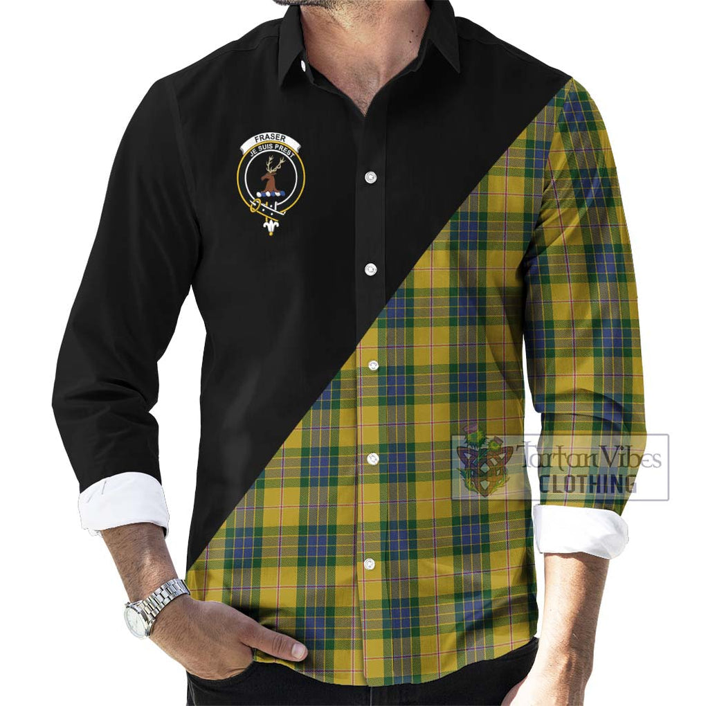 Fraser Yellow Tartan Long Sleeve Button Shirt with Family Crest and Military Logo Style - Tartanvibesclothing Shop