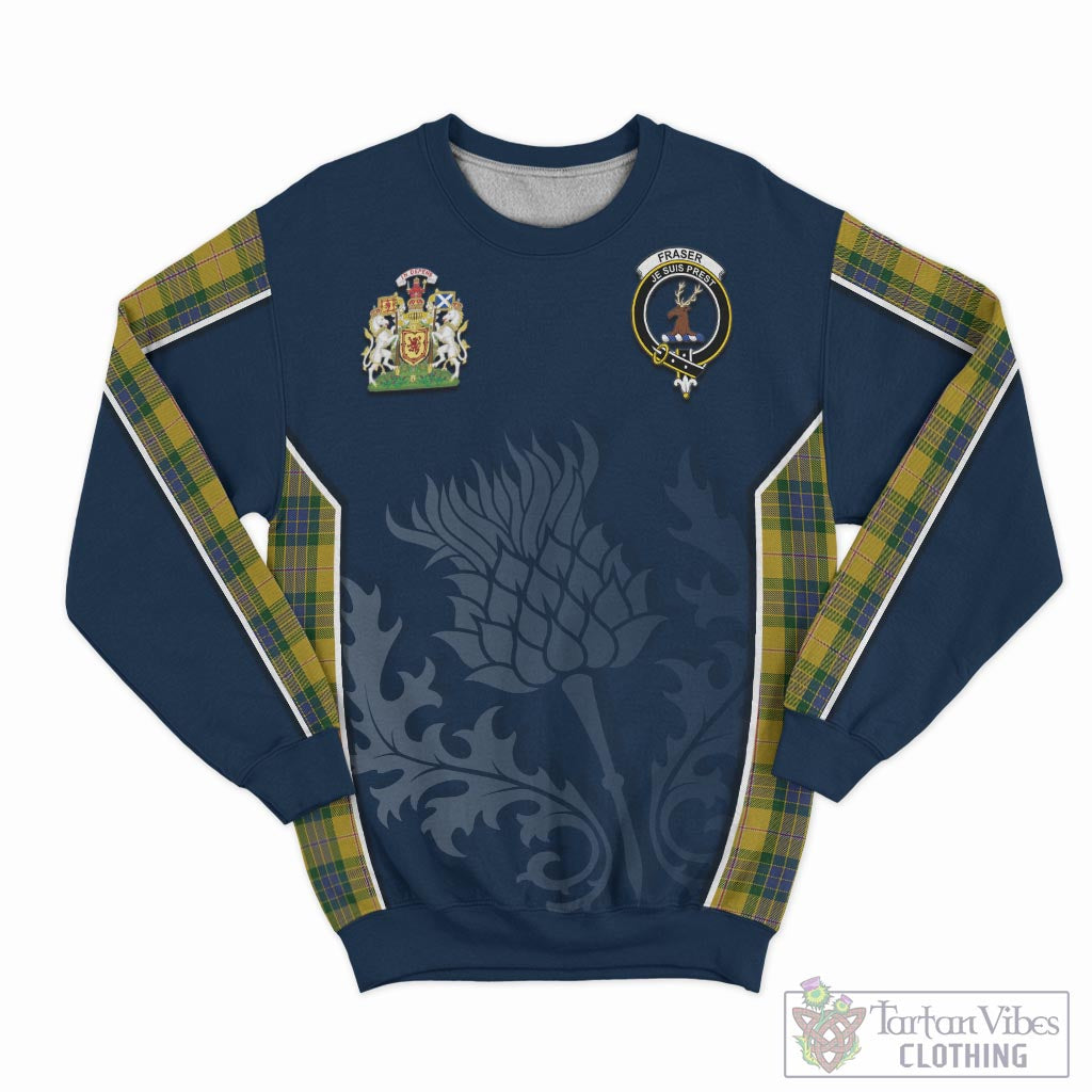 Tartan Vibes Clothing Fraser Yellow Tartan Sweatshirt with Family Crest and Scottish Thistle Vibes Sport Style