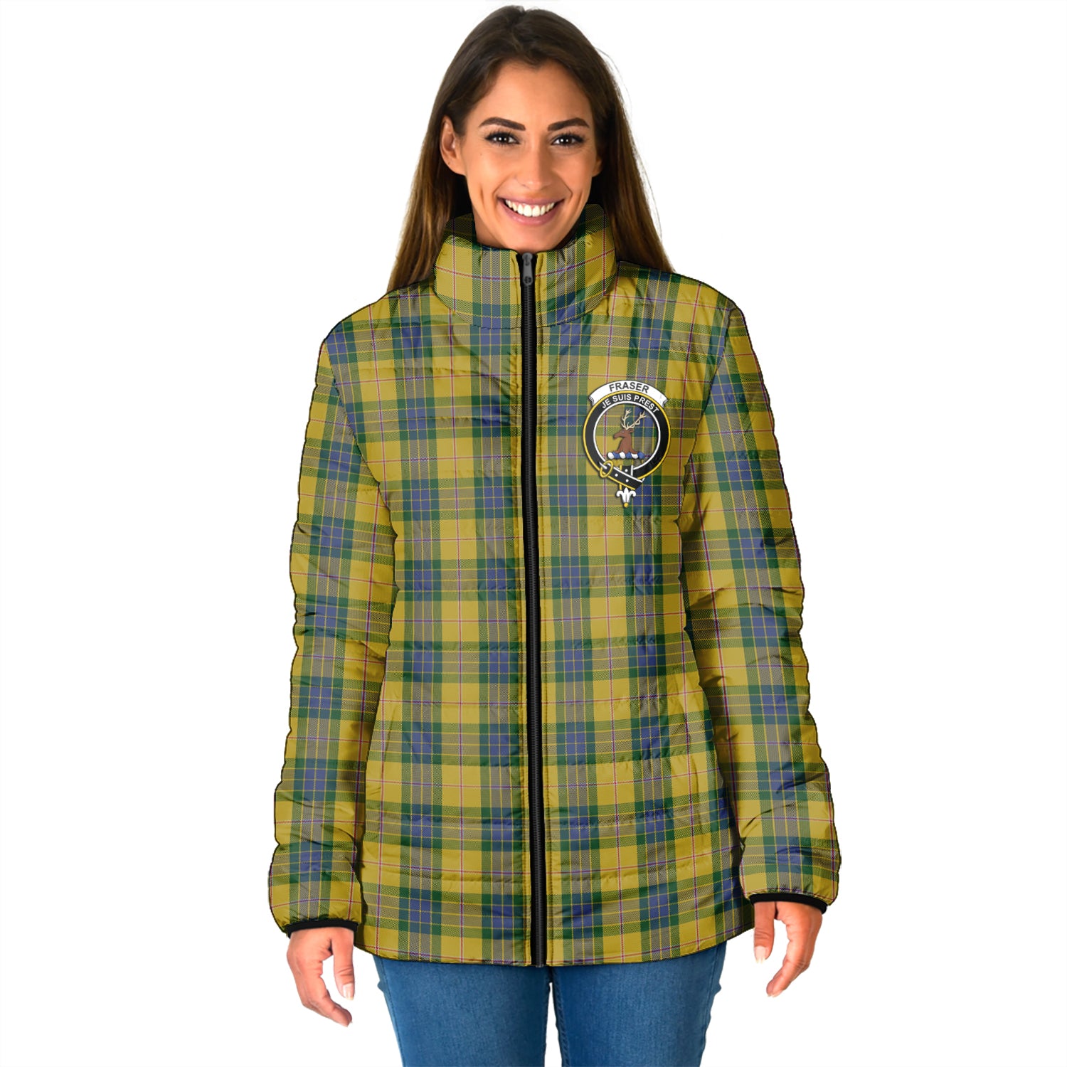 Fraser Yellow Tartan Padded Jacket with Family Crest - Tartan Vibes Clothing