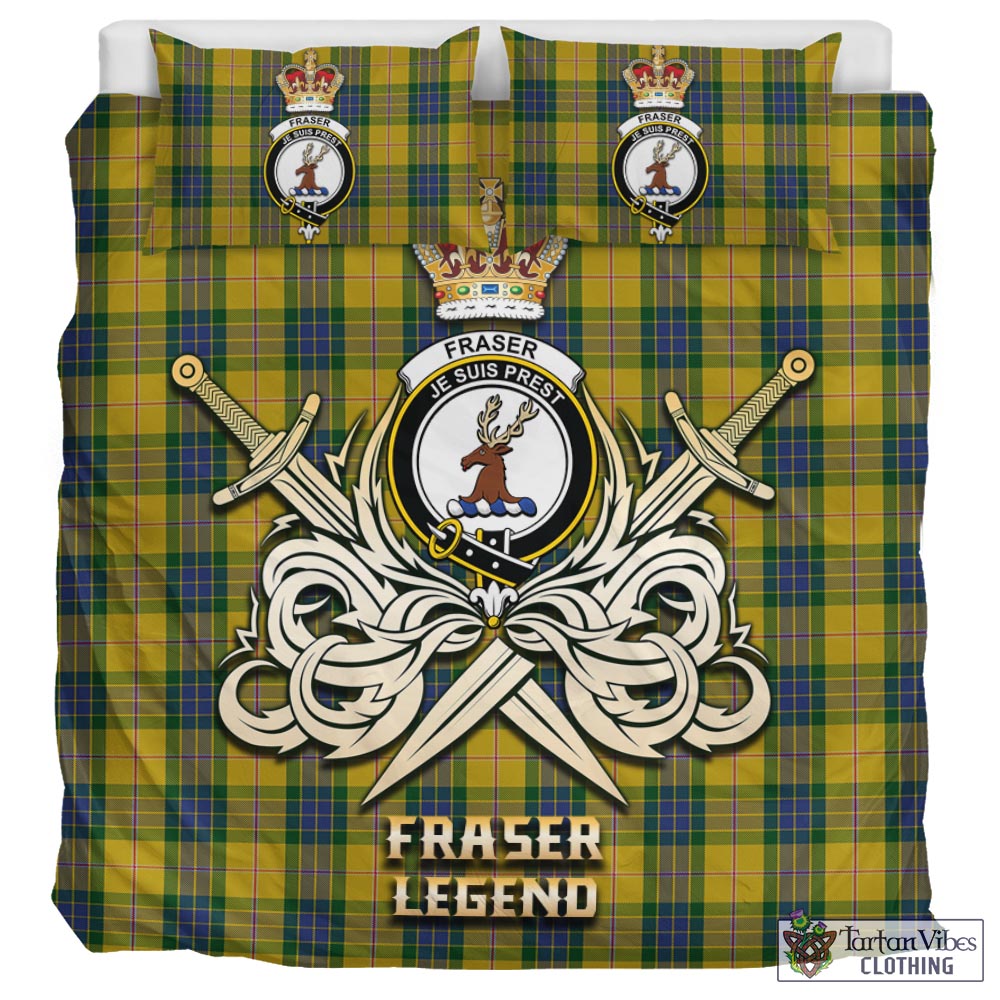 Tartan Vibes Clothing Fraser Yellow Tartan Bedding Set with Clan Crest and the Golden Sword of Courageous Legacy