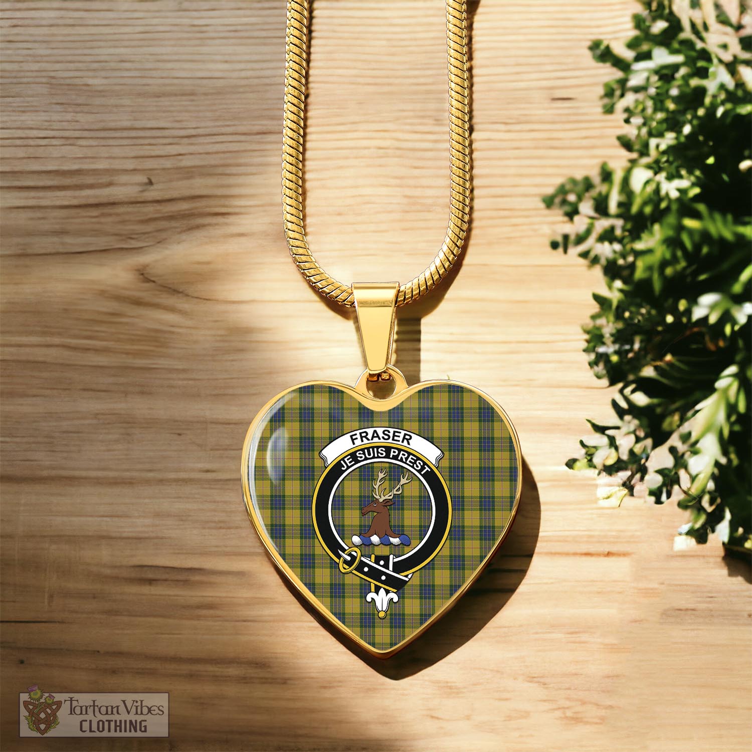 Tartan Vibes Clothing Fraser Yellow Tartan Heart Necklace with Family Crest