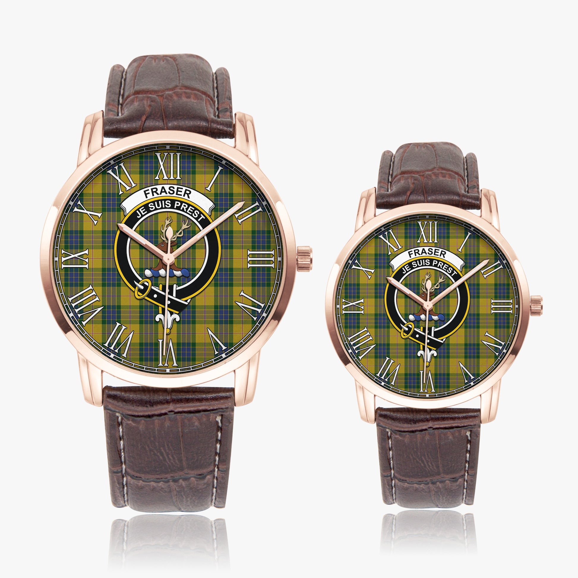 Fraser Yellow Tartan Family Crest Leather Strap Quartz Watch - Tartanvibesclothing