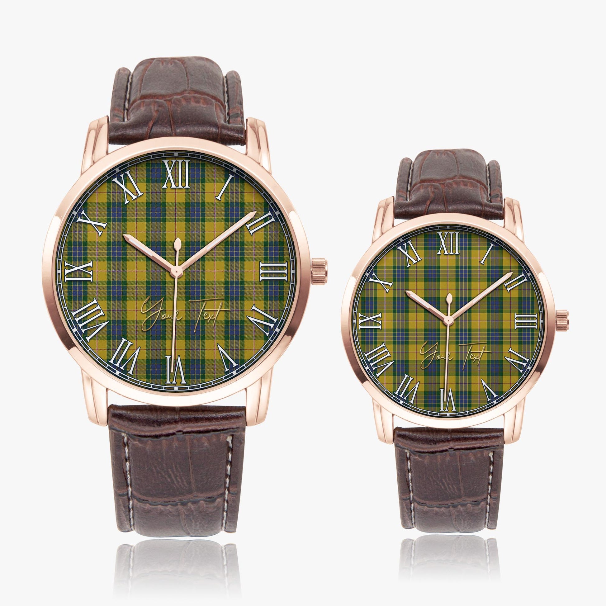 Fraser Yellow Tartan Personalized Your Text Leather Trap Quartz Watch Wide Type Rose Gold Case With Brown Leather Strap - Tartanvibesclothing