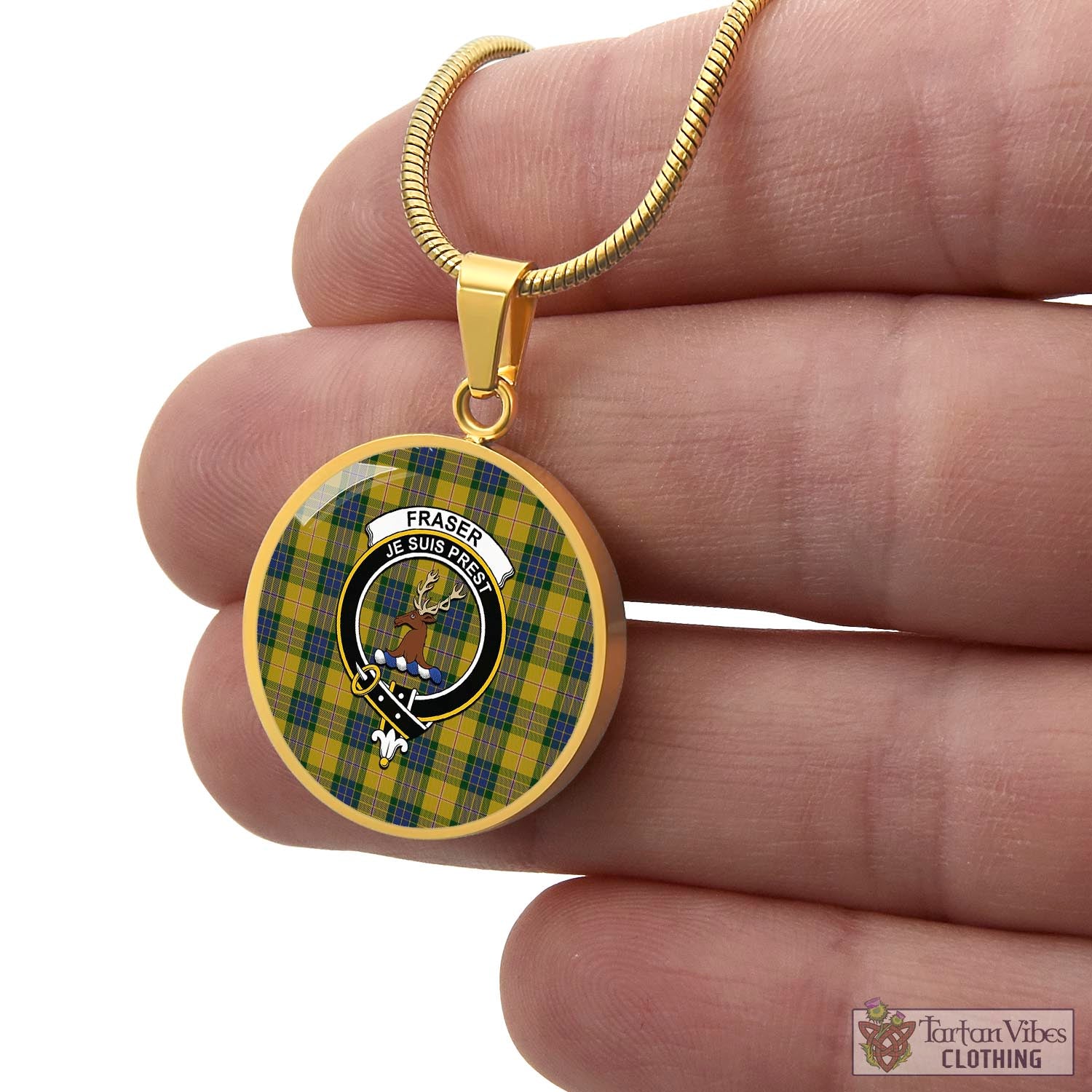 Tartan Vibes Clothing Fraser Yellow Tartan Circle Necklace with Family Crest