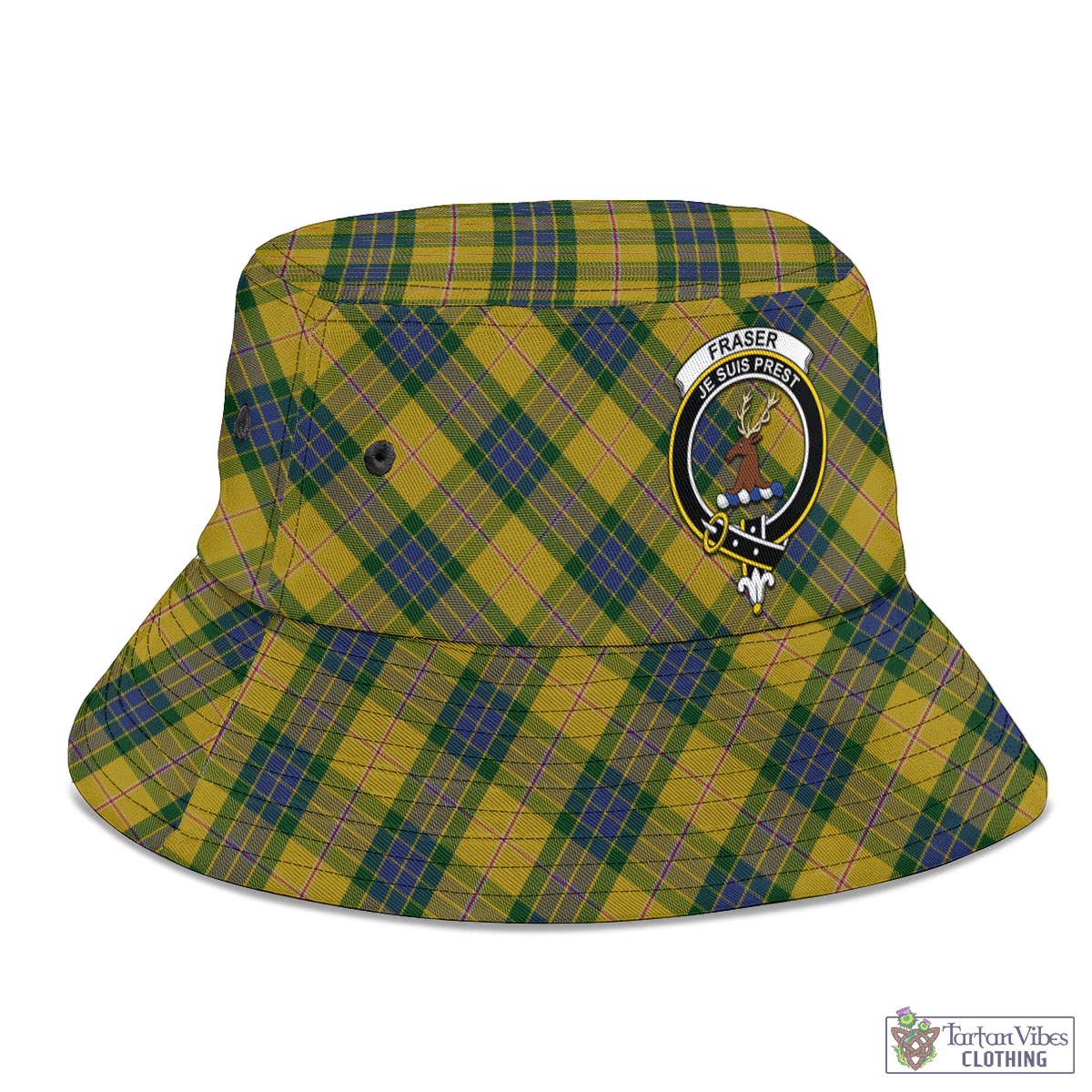 Tartan Vibes Clothing Fraser Yellow Tartan Bucket Hat with Family Crest