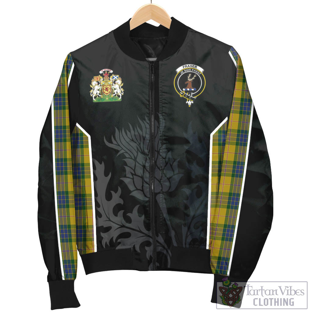 Tartan Vibes Clothing Fraser Yellow Tartan Bomber Jacket with Family Crest and Scottish Thistle Vibes Sport Style