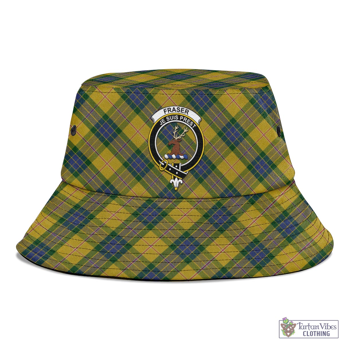 Tartan Vibes Clothing Fraser Yellow Tartan Bucket Hat with Family Crest