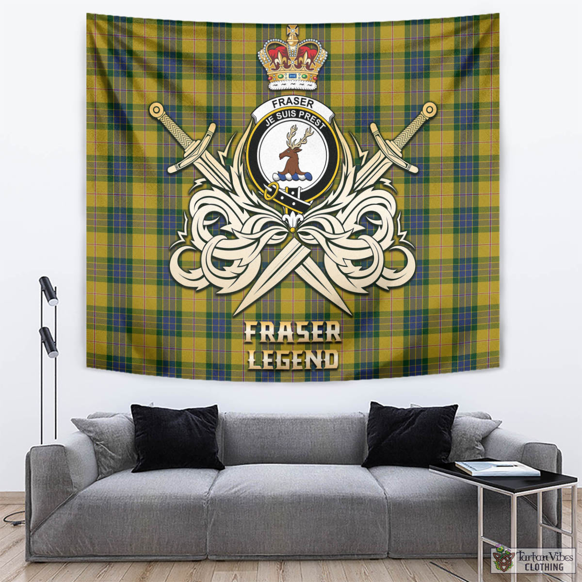 Tartan Vibes Clothing Fraser Yellow Tartan Tapestry with Clan Crest and the Golden Sword of Courageous Legacy