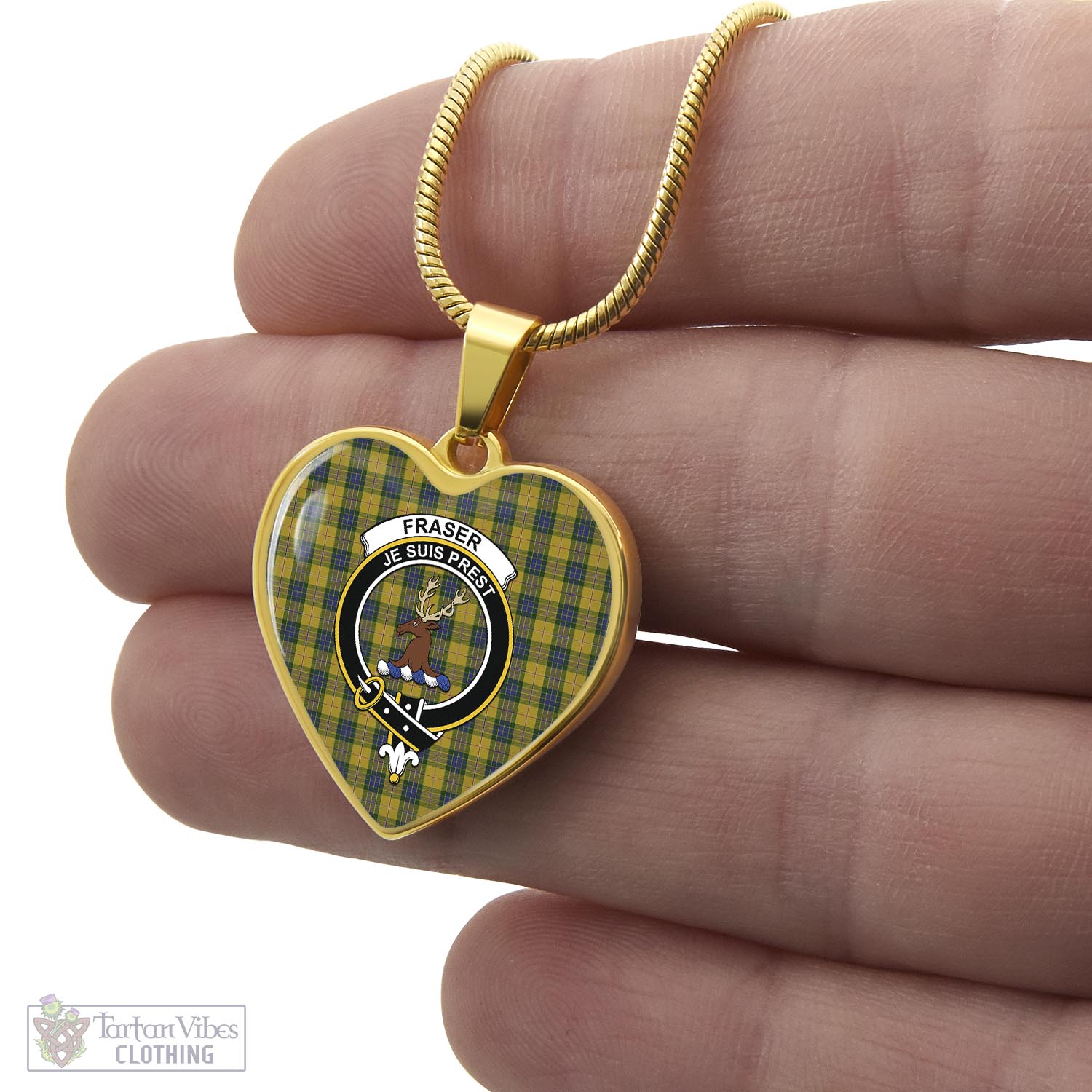 Tartan Vibes Clothing Fraser Yellow Tartan Heart Necklace with Family Crest