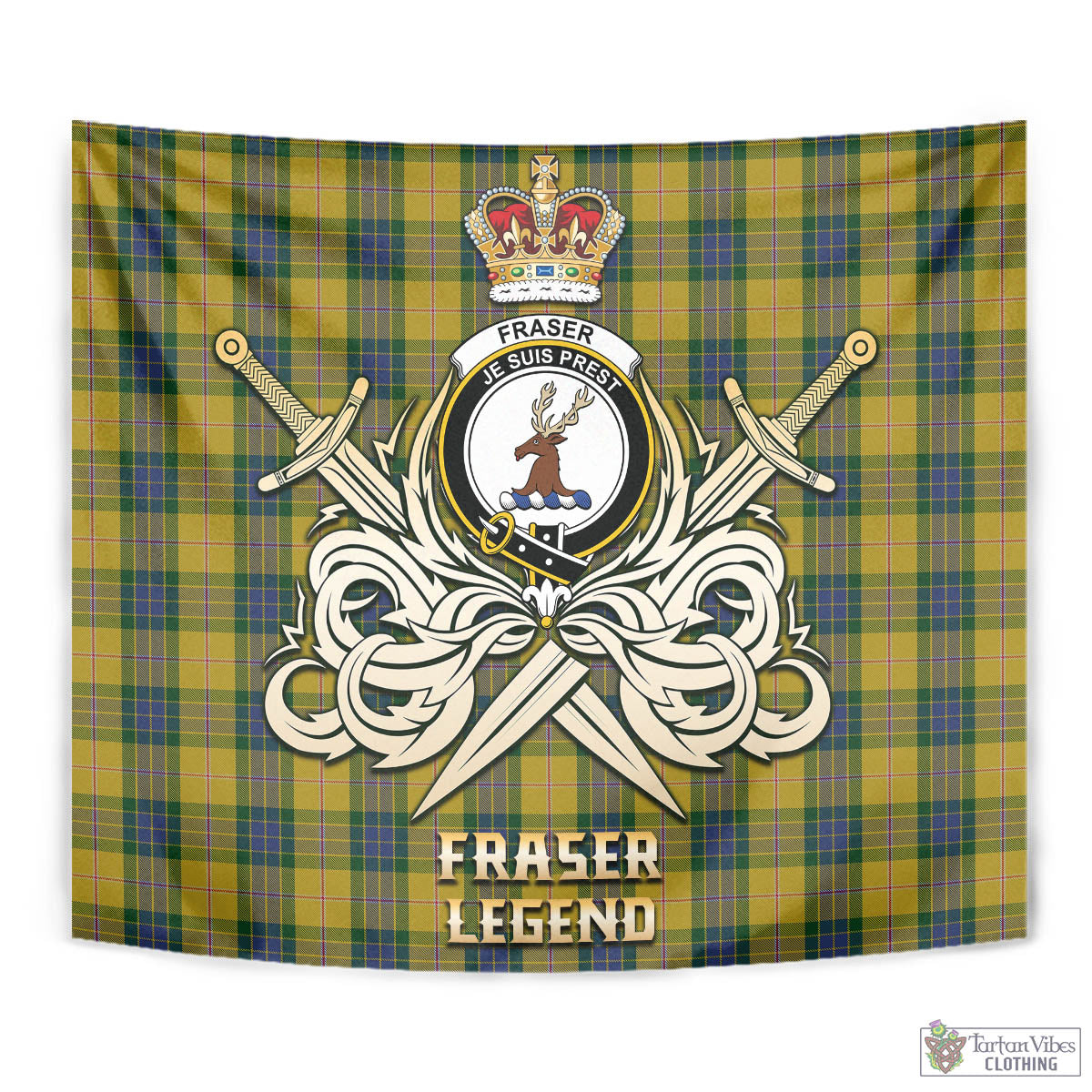 Tartan Vibes Clothing Fraser Yellow Tartan Tapestry with Clan Crest and the Golden Sword of Courageous Legacy