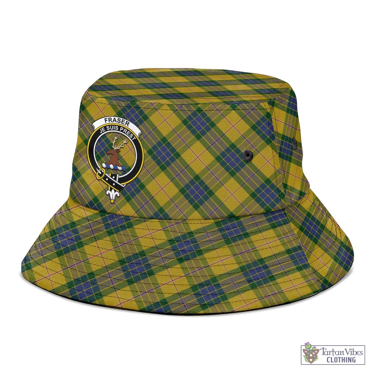 Tartan Vibes Clothing Fraser Yellow Tartan Bucket Hat with Family Crest