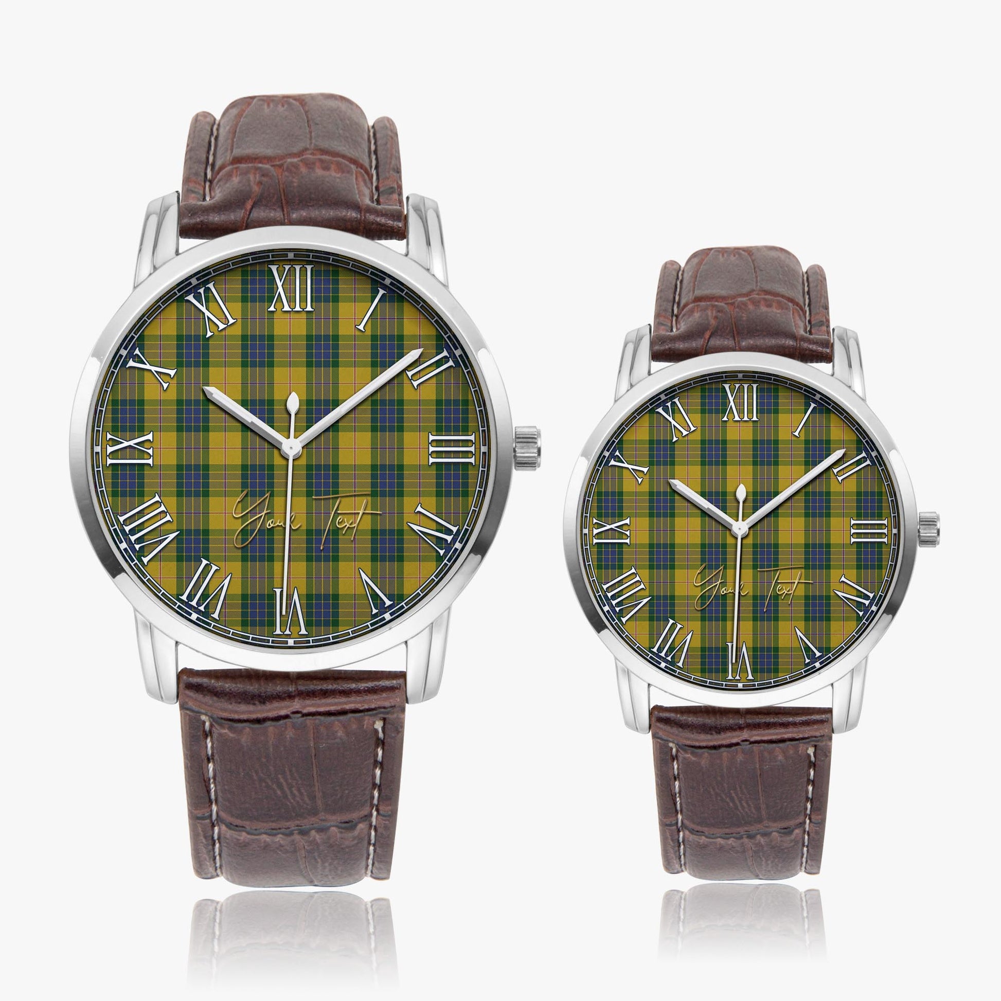 Fraser Yellow Tartan Personalized Your Text Leather Trap Quartz Watch Wide Type Silver Case With Brown Leather Strap - Tartanvibesclothing