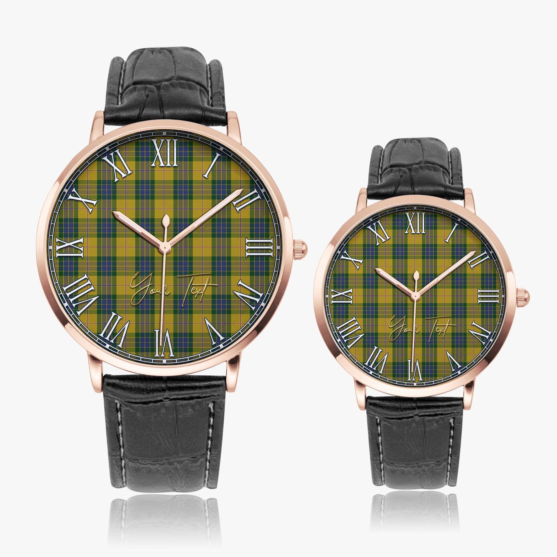 Fraser Yellow Tartan Personalized Your Text Leather Trap Quartz Watch Ultra Thin Rose Gold Case With Black Leather Strap - Tartanvibesclothing