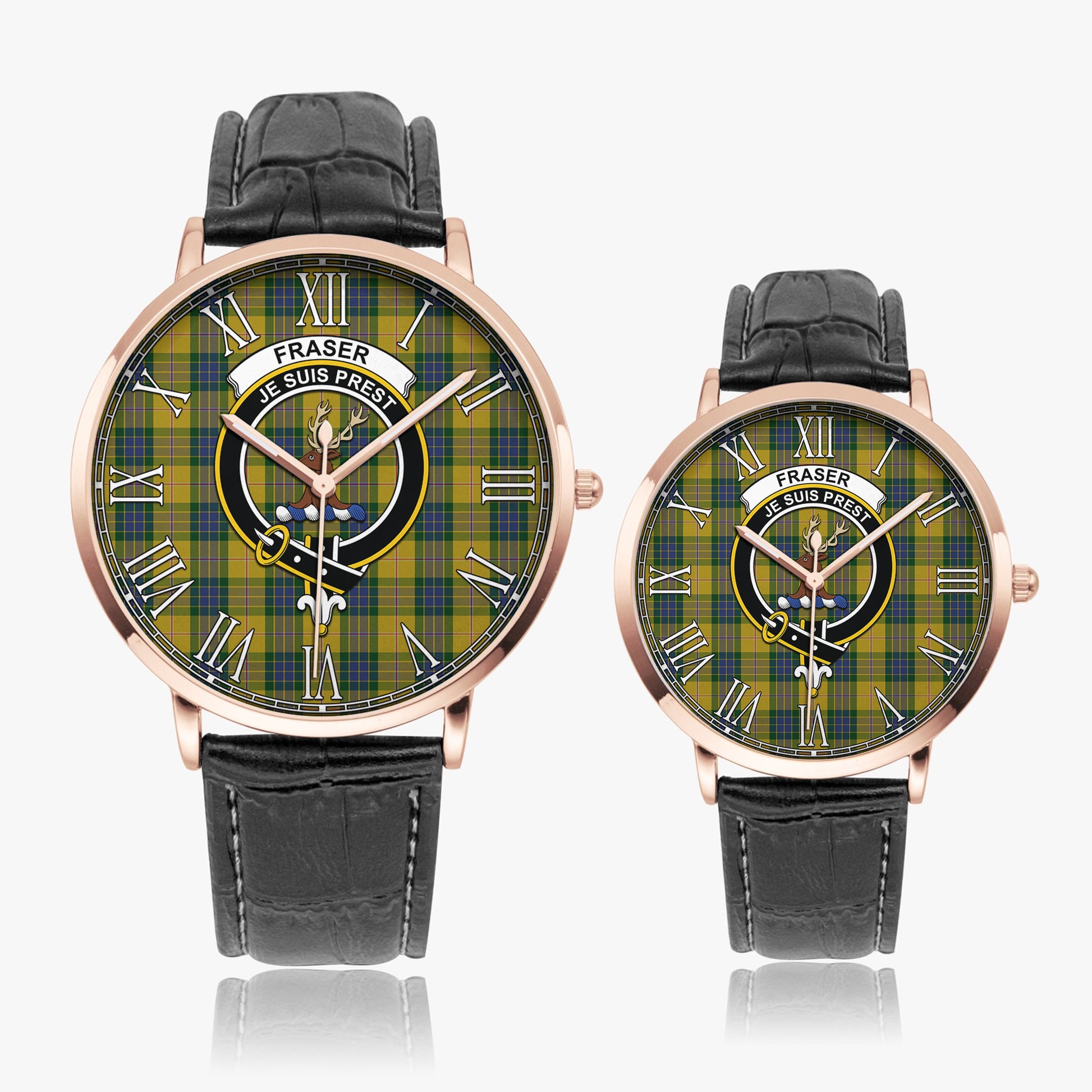 Fraser Yellow Tartan Family Crest Leather Strap Quartz Watch - Tartanvibesclothing