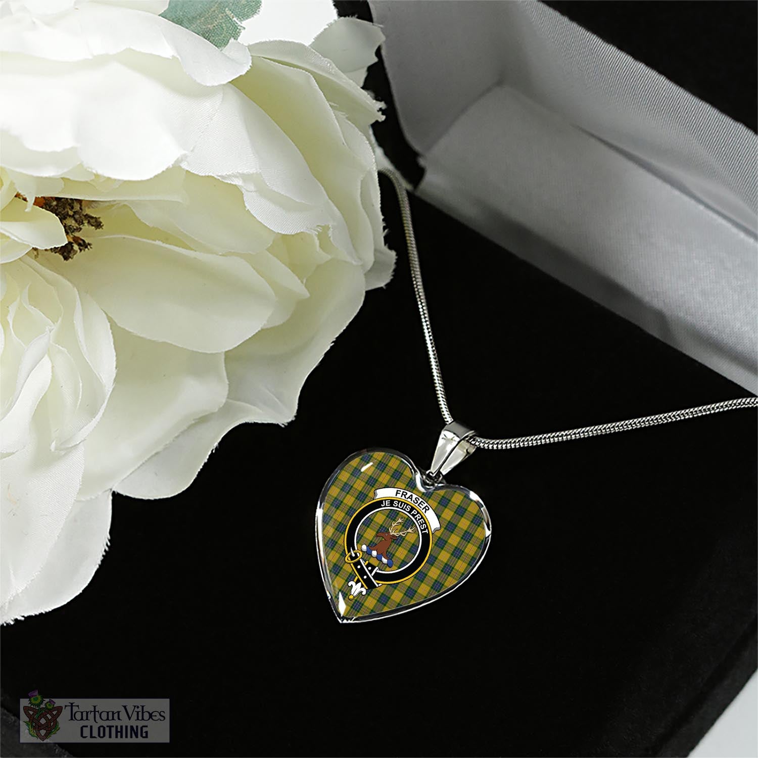 Tartan Vibes Clothing Fraser Yellow Tartan Heart Necklace with Family Crest