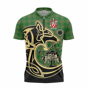 Freeman Irish Tartan Zipper Polo Shirt with Coat of Arms Celtic Wolf Style Unisex - Tartan Vibes Clothing