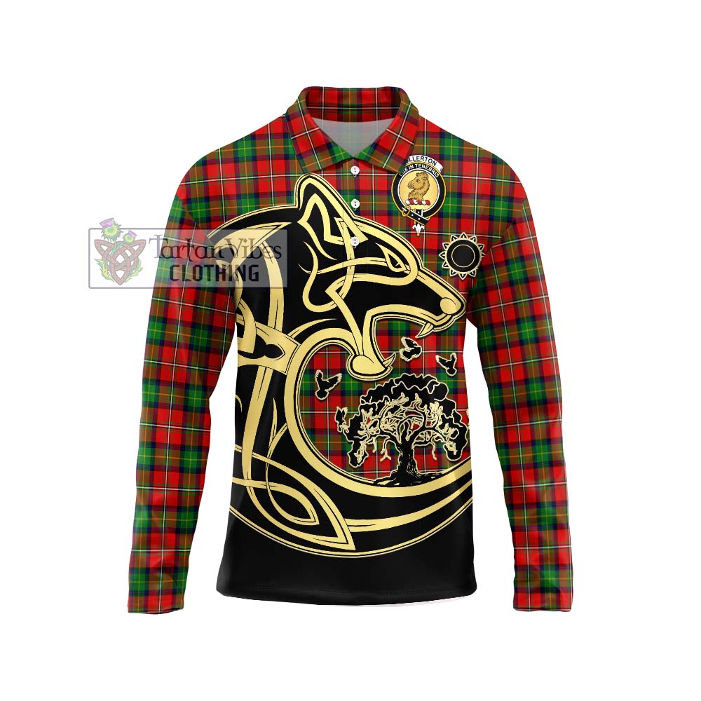 Fullerton Tartan Long Sleeve Polo Shirt with Family Crest Celtic Wolf Style Unisex - Tartanvibesclothing Shop