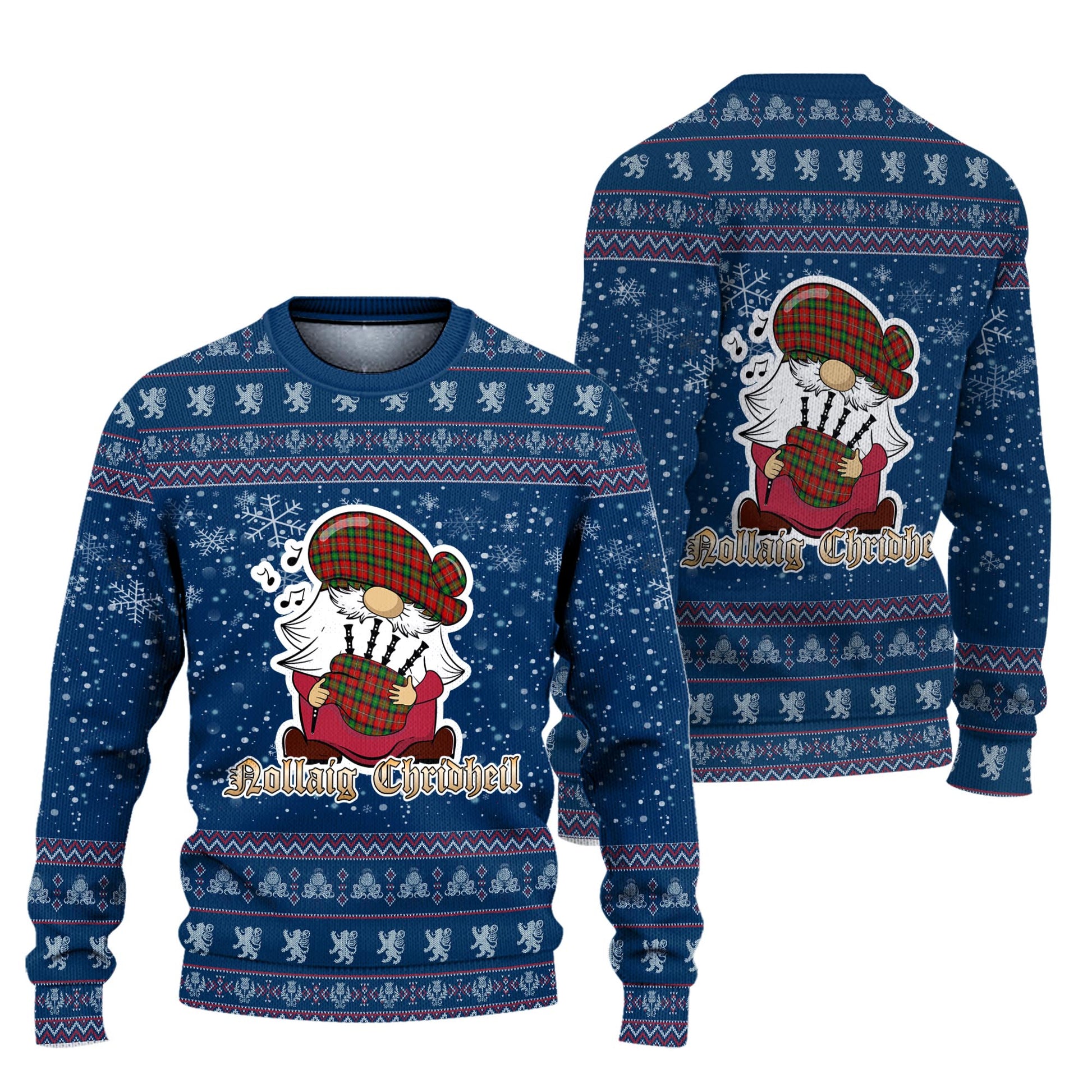 Fullerton Clan Christmas Family Knitted Sweater with Funny Gnome Playing Bagpipes Unisex Blue - Tartanvibesclothing