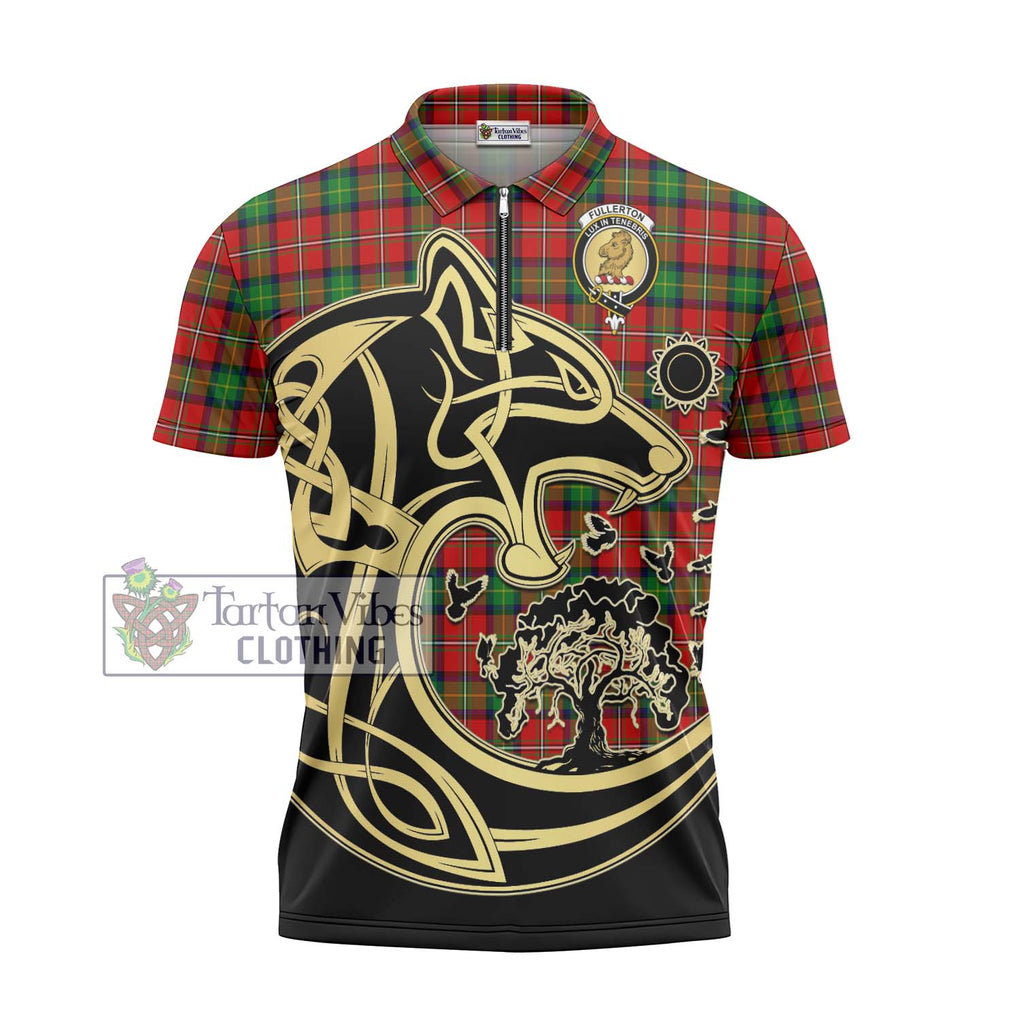 Fullerton Tartan Zipper Polo Shirt with Family Crest Celtic Wolf Style - Tartanvibesclothing Shop