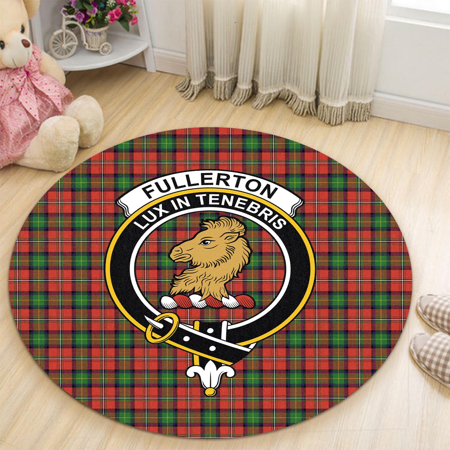 fullerton-tartan-round-rug-with-family-crest