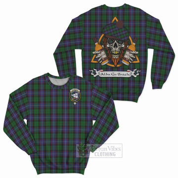 Galbraith Tartan Sweatshirt with Family Crest and Bearded Skull Holding Bottles of Whiskey