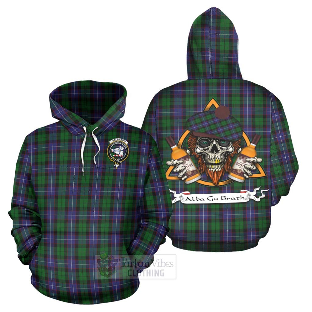 Tartan Vibes Clothing Galbraith Tartan Hoodie with Family Crest and Bearded Skull Holding Bottles of Whiskey