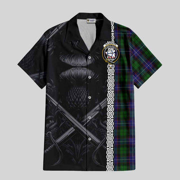 Galbraith Tartan Short Sleeve Button Shirt with Family Crest Cross Sword Thistle Celtic Vibes