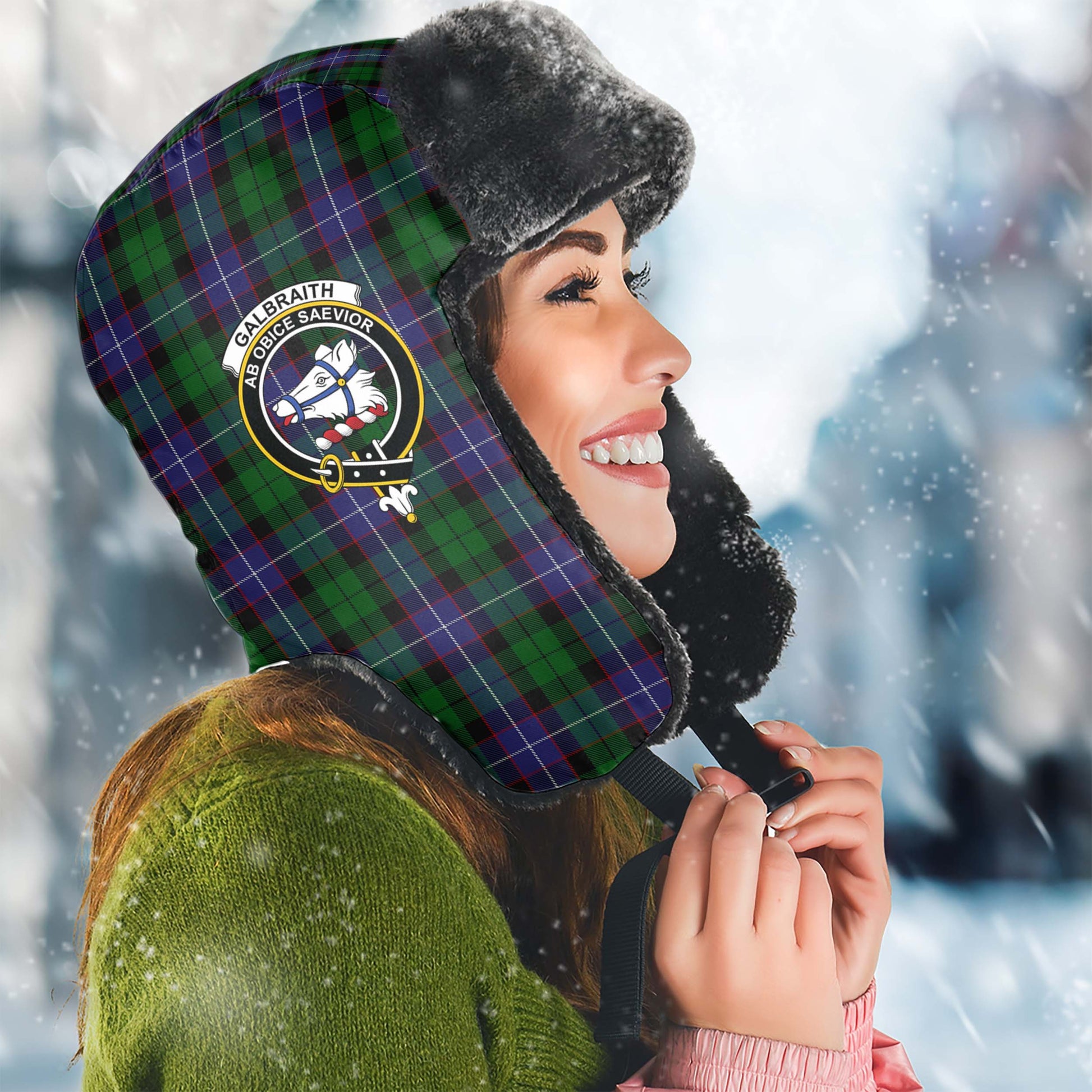 Galbraith Tartan Winter Trapper Hat with Family Crest Winter Trapper Hat Universal Fit Circumference 22.8in (58cm) - Tartanvibesclothing