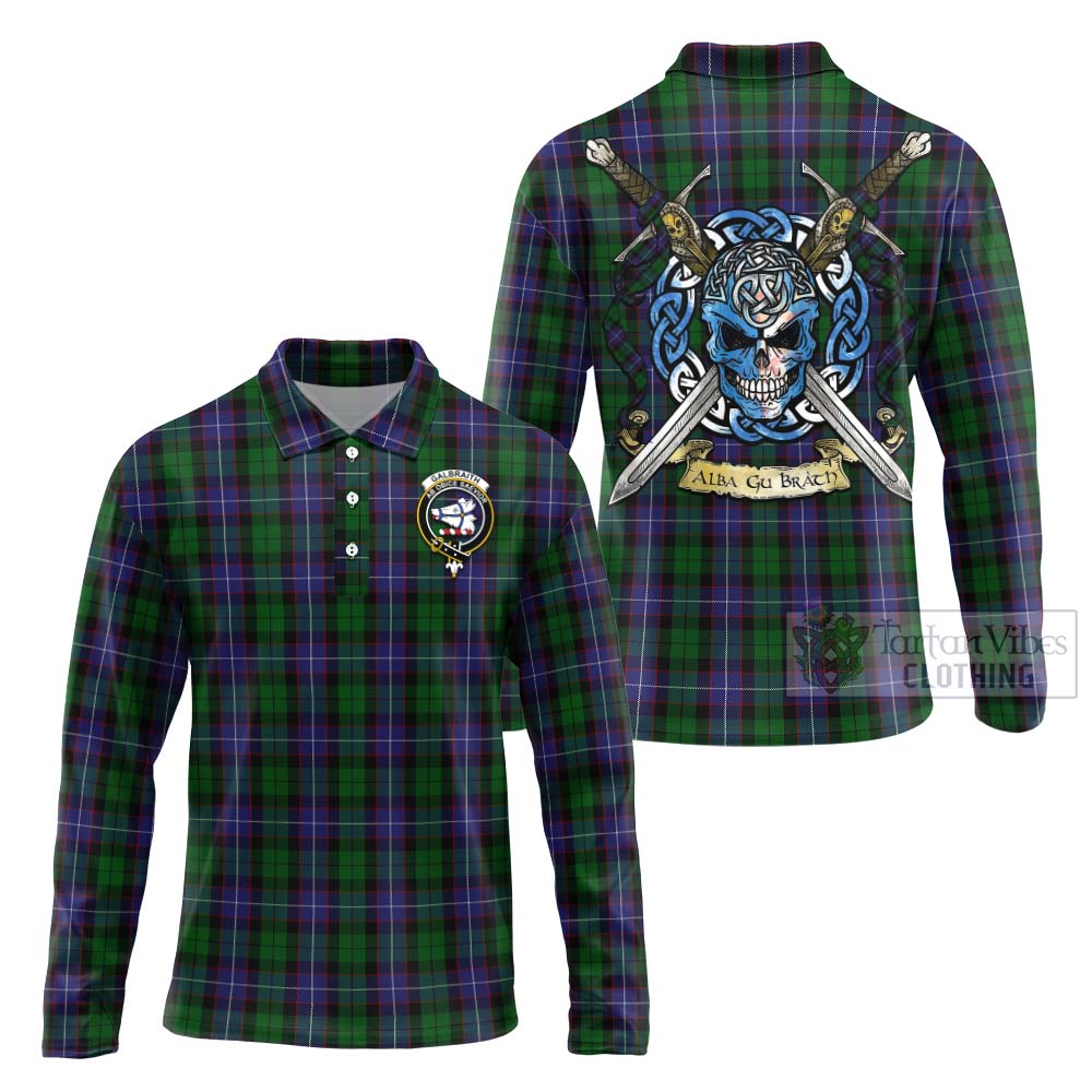 Tartan Vibes Clothing Galbraith Tartan Long Sleeve Polo Shirt with Family Crest Celtic Skull Style