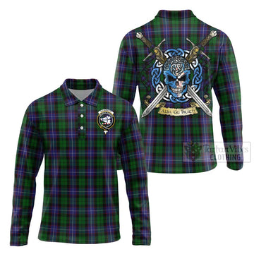 Galbraith Tartan Long Sleeve Polo Shirt with Family Crest Celtic Skull Style