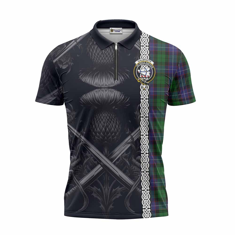 Tartan Vibes Clothing Galbraith Tartan Zipper Polo Shirt with Family Crest Cross Sword Thistle Celtic Vibes