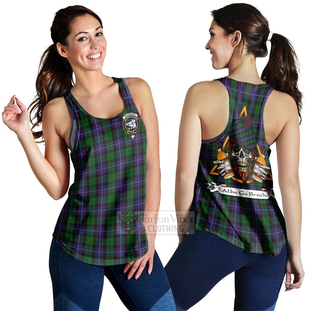 Tartan Vibes Clothing Galbraith Tartan Women's Racerback Tanks with Family Crest and Bearded Skull Holding Bottles of Whiskey