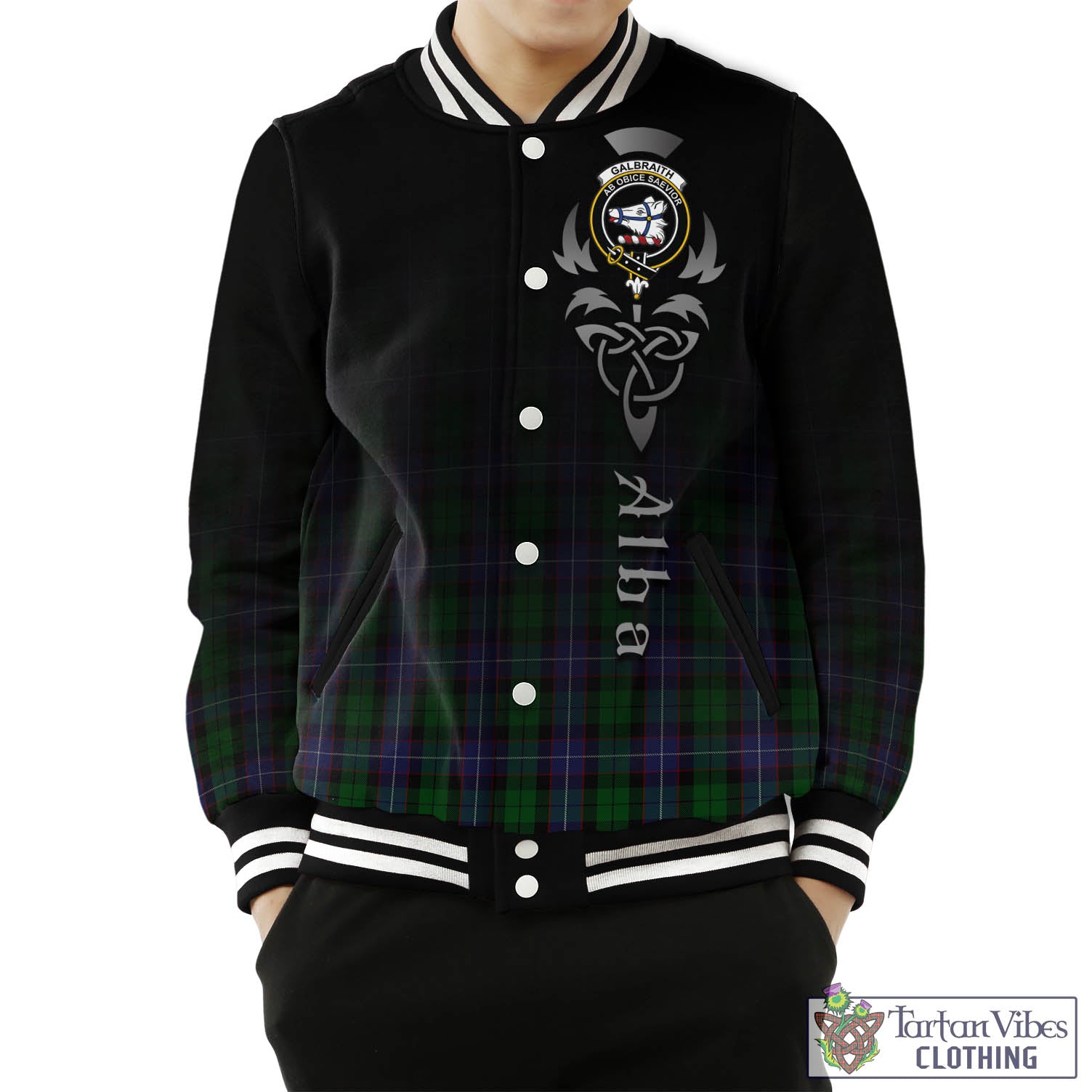 Tartan Vibes Clothing Galbraith Tartan Baseball Jacket Featuring Alba Gu Brath Family Crest Celtic Inspired