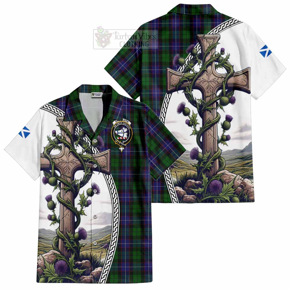 Tartan Vibes Clothing Galbraith Tartan Short Sleeve Button Shirt with Family Crest and St. Andrew's Cross Accented by Thistle Vines