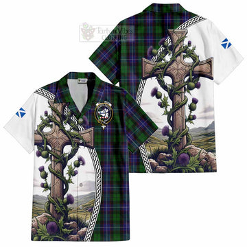 Galbraith Tartan Short Sleeve Button Shirt with Family Crest and St. Andrew's Cross Accented by Thistle Vines