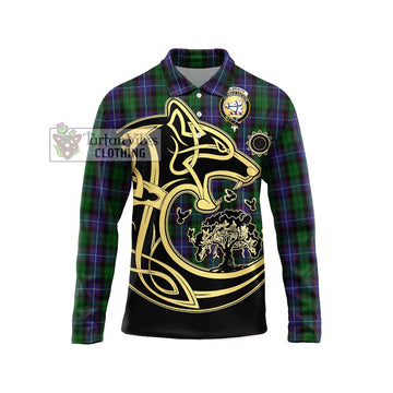 Galbraith Tartan Long Sleeve Polo Shirt with Family Crest Celtic Wolf Style