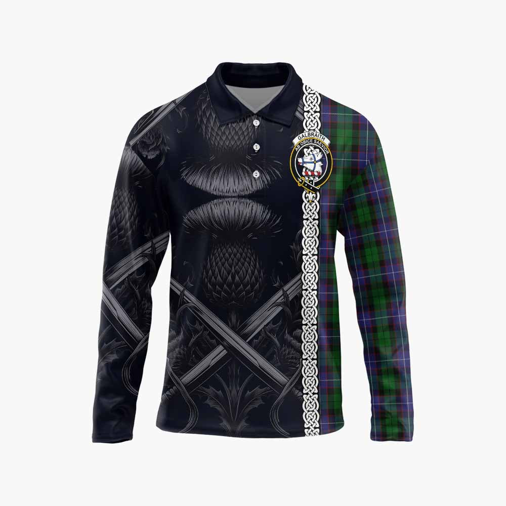 Tartan Vibes Clothing Galbraith Tartan Long Sleeve Polo Shirt with Family Crest Cross Sword Thistle Celtic Vibes