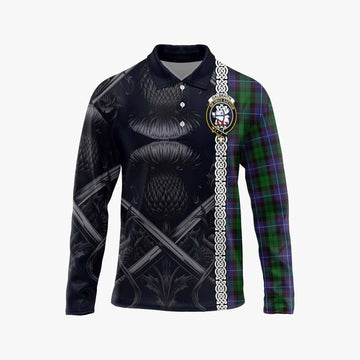 Galbraith Tartan Long Sleeve Polo Shirt with Family Crest Cross Sword Thistle Celtic Vibes