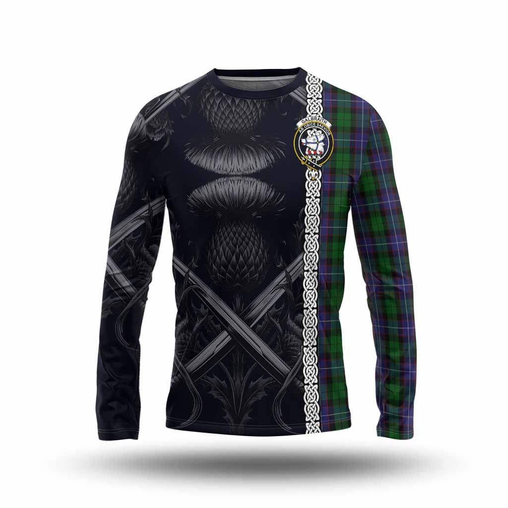 Tartan Vibes Clothing Galbraith Tartan Long Sleeve T-Shirt with Family Crest Cross Sword Thistle Celtic Vibes