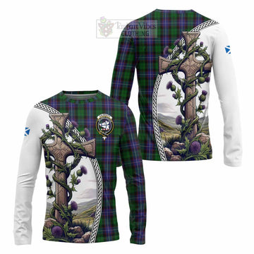 Galbraith Tartan Long Sleeve T-Shirt with Family Crest and St. Andrew's Cross Accented by Thistle Vines