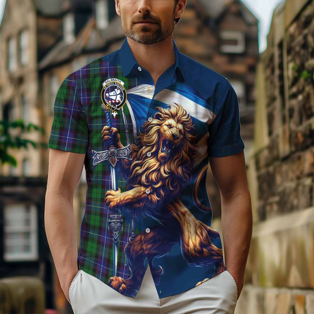 Tartan Vibes Clothing Galbraith Tartan Family Crest Short Sleeve Button Shirt with Scottish Majestic Lion