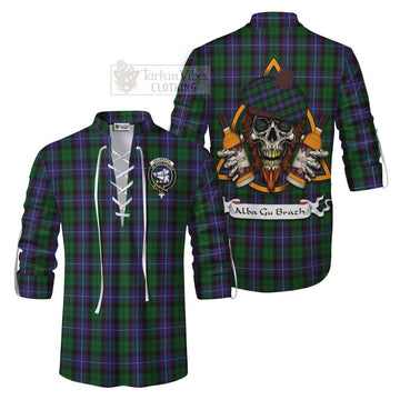 Galbraith Tartan Ghillie Kilt Shirt with Family Crest and Bearded Skull Holding Bottles of Whiskey