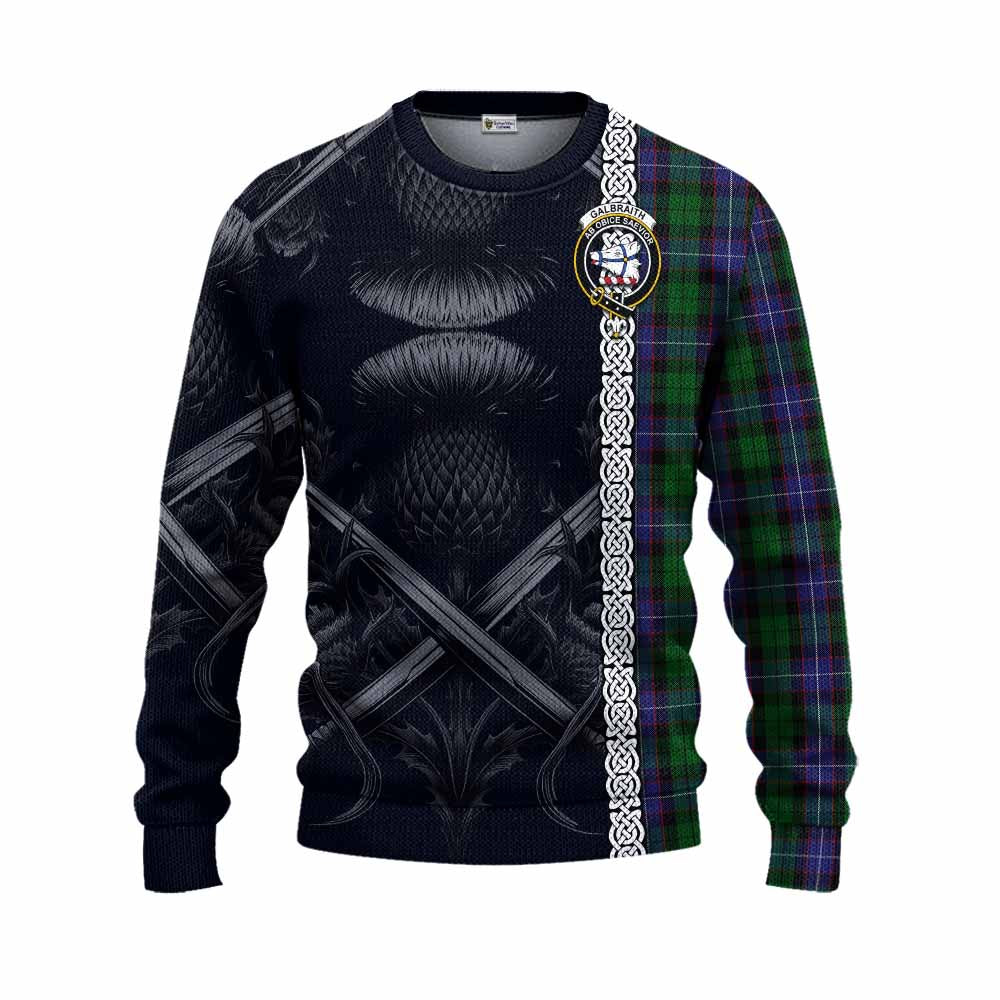 Tartan Vibes Clothing Galbraith Tartan Knitted Sweater with Family Crest Cross Sword Thistle Celtic Vibes