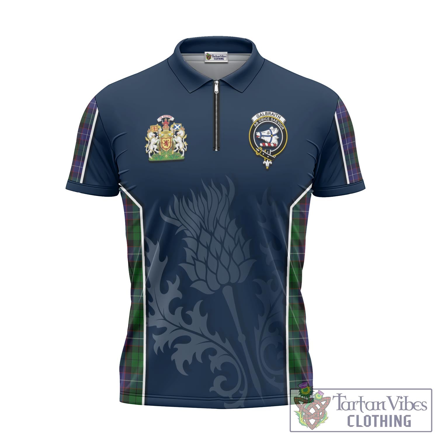 Tartan Vibes Clothing Galbraith Tartan Zipper Polo Shirt with Family Crest and Scottish Thistle Vibes Sport Style