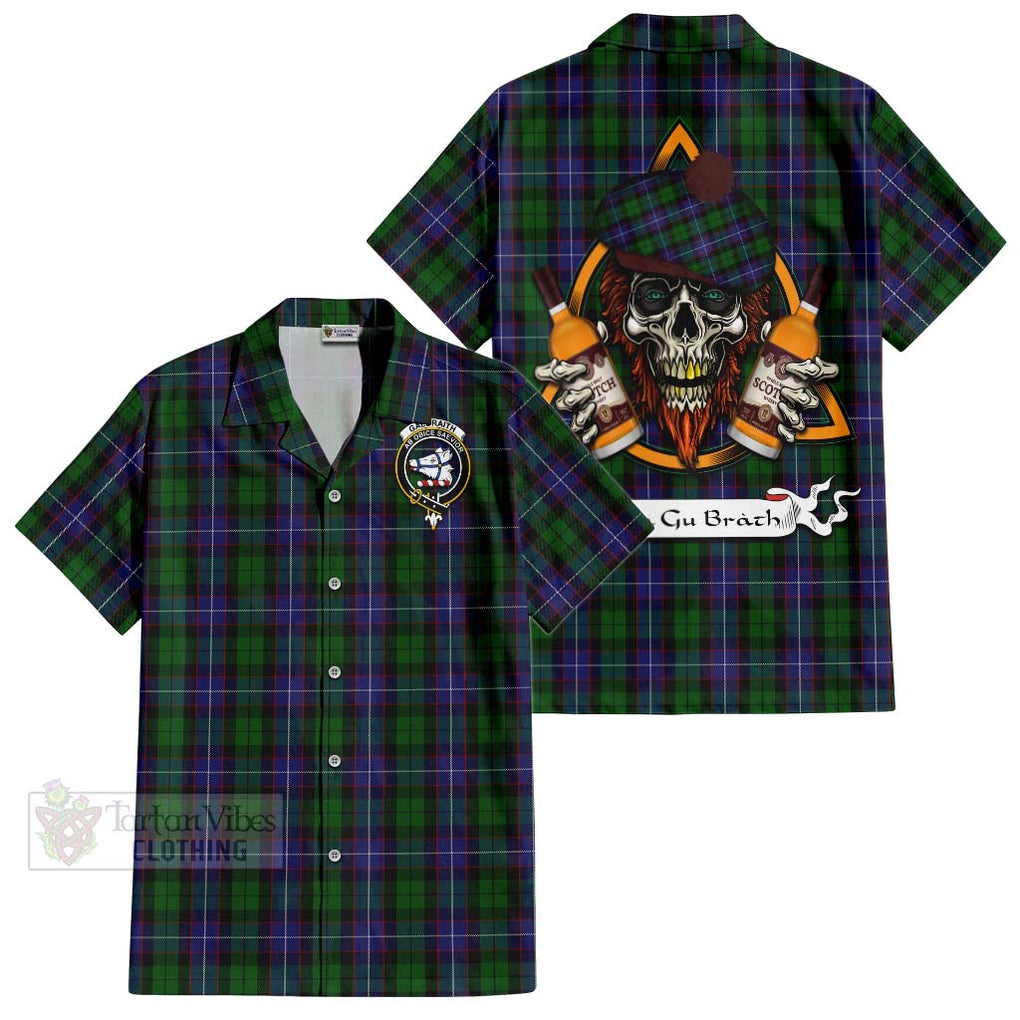 Tartan Vibes Clothing Galbraith Tartan Short Sleeve Button Shirt with Family Crest and Bearded Skull Holding Bottles of Whiskey