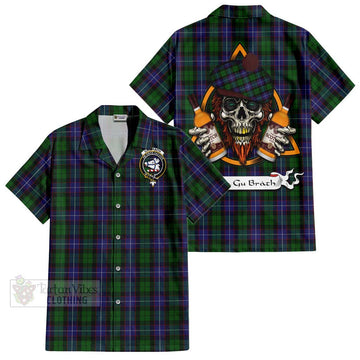 Galbraith Tartan Short Sleeve Button Shirt with Family Crest and Bearded Skull Holding Bottles of Whiskey