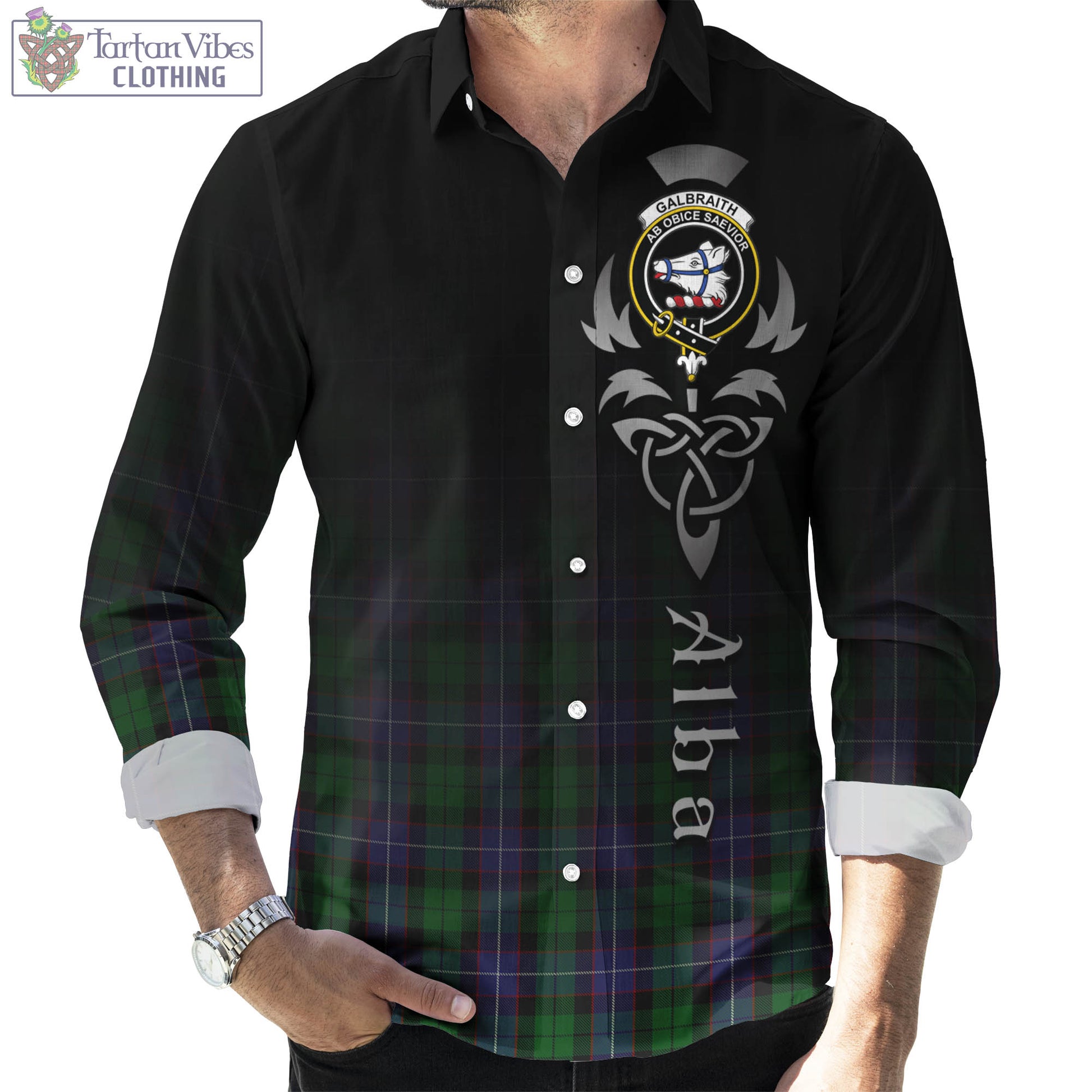 Tartan Vibes Clothing Galbraith Tartan Long Sleeve Button Up Featuring Alba Gu Brath Family Crest Celtic Inspired