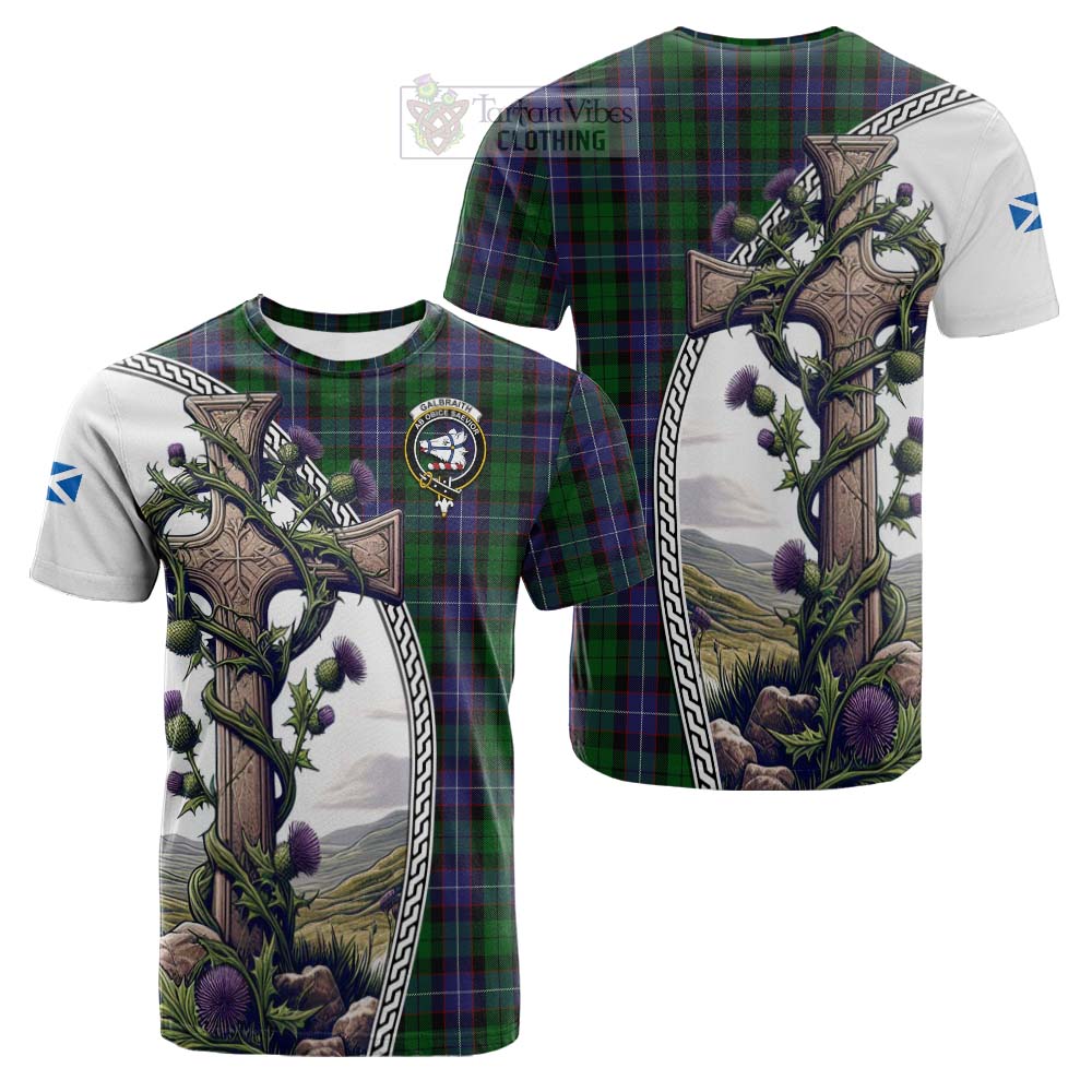 Tartan Vibes Clothing Galbraith Tartan Cotton T-shirt with Family Crest and St. Andrew's Cross Accented by Thistle Vines